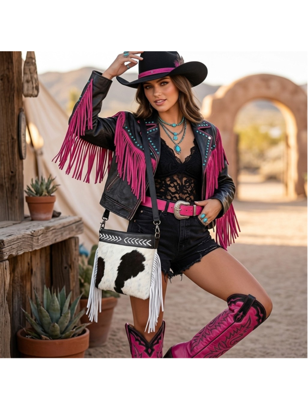 American Darling Western Oreo Black and White) Cowhide Fringe Crossbody Bag
